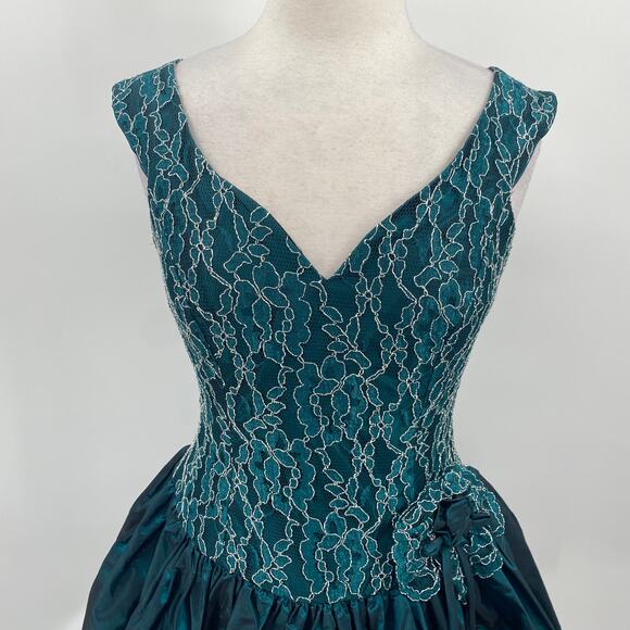 Vintage 80s Fit & Flare Cocktail Dress Lace Bodice Taffeta Mini Teal Womens 8 - Picture 3 of 12